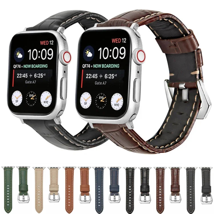 Silbernes Armband aus echtem Leder mit Dornschließe, passend für Apple Watch Series 8 &amp; 7 (45 mm und 41 mm).