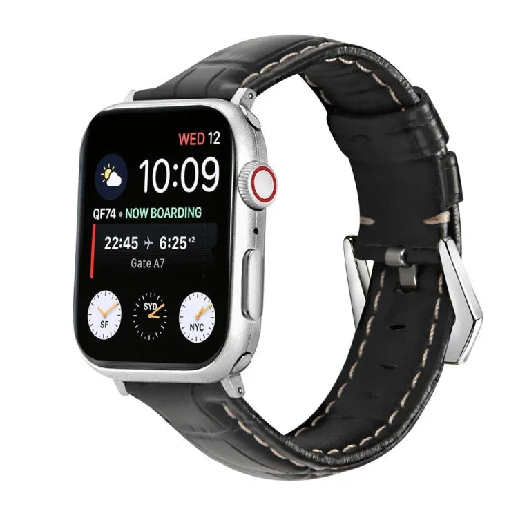Silbernes Armband aus echtem Leder mit Dornschließe, passend für Apple Watch Series 8 &amp; 7 (45 mm und 41 mm).