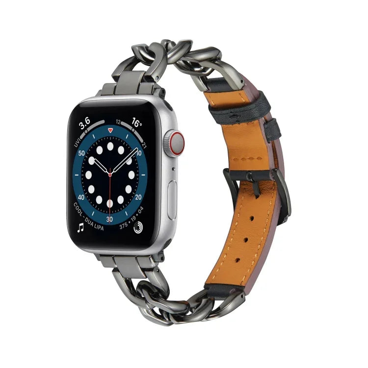 Kette + Lederarmband, für Apple Watch Ultra 49mm / Series 8&7 45mm / SE 2&6&SE&5&4 44mm / 3&2&1 42mm, für Apple Watch Series 8&7 41mm / SE 2&6&SE&5&4 40mm / 3&2&1 38mm