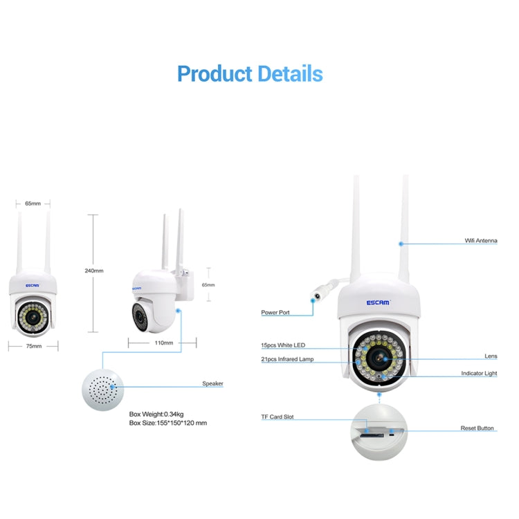ESCAM PVR007 3MP Smart HD WiFi-Kamera mit Unterstützung für Vollfarb-Nachtsicht, Bewegungserkennung, akustischen Alarm und TF-Karte, PVR007