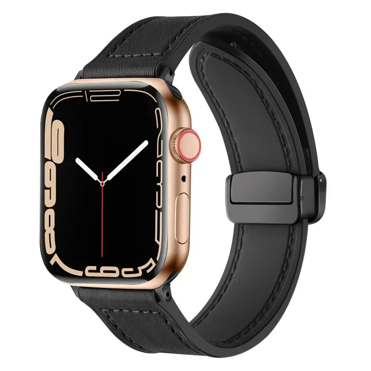 Magnetisches Faltarmband aus Silikon und Leder für Apple Watch Ultra 49 mm / Series 8 &amp; 7 45 mm / SE 2 &amp; 6 &amp; SE 5 &amp; 4 44 mm / 3 &amp; 2 &amp; 1 42 mm