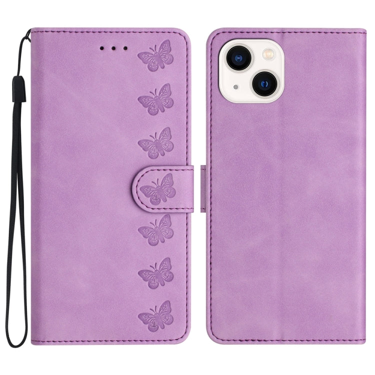 Sieben Schmetterlinge Geprägte Leder-Handyhülle, Für iPhone 14 Pro Max, Für iPhone 13 Pro Max, Für iPhone 13 Pro, Für iPhone 13, Für iPhone 13 mini, Für iPhone 12, Für iPhone 12 Pro Max, Für iPhone 12 Pro