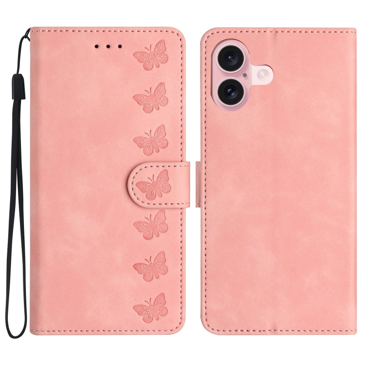 Handyhülle aus geprägtem Leder mit sieben Schmetterlingen, für iPhone 16e / 17e, für iPhone 17 Pro Max, für iPhone 17 Pro, für iPhone 17, für iPhone Air, für iPhone 16 Pro Max, für iPhone 16 Pro, für iPhone 16 Plus