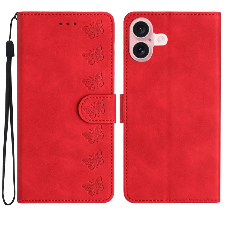 Handyhülle aus geprägtem Leder mit sieben Schmetterlingen, für iPhone 16e / 17e, für iPhone 17 Pro Max, für iPhone 17 Pro, für iPhone 17, für iPhone Air, für iPhone 16 Pro Max, für iPhone 16 Pro, für iPhone 16 Plus