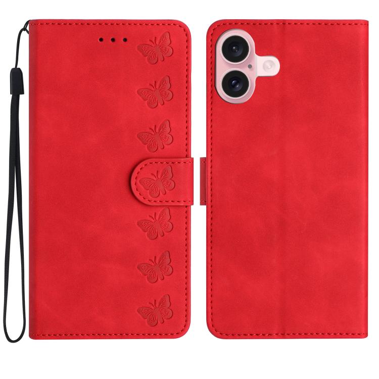 Handyhülle aus geprägtem Leder mit sieben Schmetterlingen, für iPhone 16e / 17e, für iPhone 17 Pro Max, für iPhone 17 Pro, für iPhone 17, für iPhone Air, für iPhone 16 Pro Max, für iPhone 16 Pro, für iPhone 16 Plus