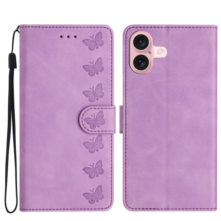 Handyhülle aus geprägtem Leder mit sieben Schmetterlingen, für iPhone 16e / 17e, für iPhone 17 Pro Max, für iPhone 17 Pro, für iPhone 17, für iPhone Air, für iPhone 16 Pro Max, für iPhone 16 Pro, für iPhone 16 Plus