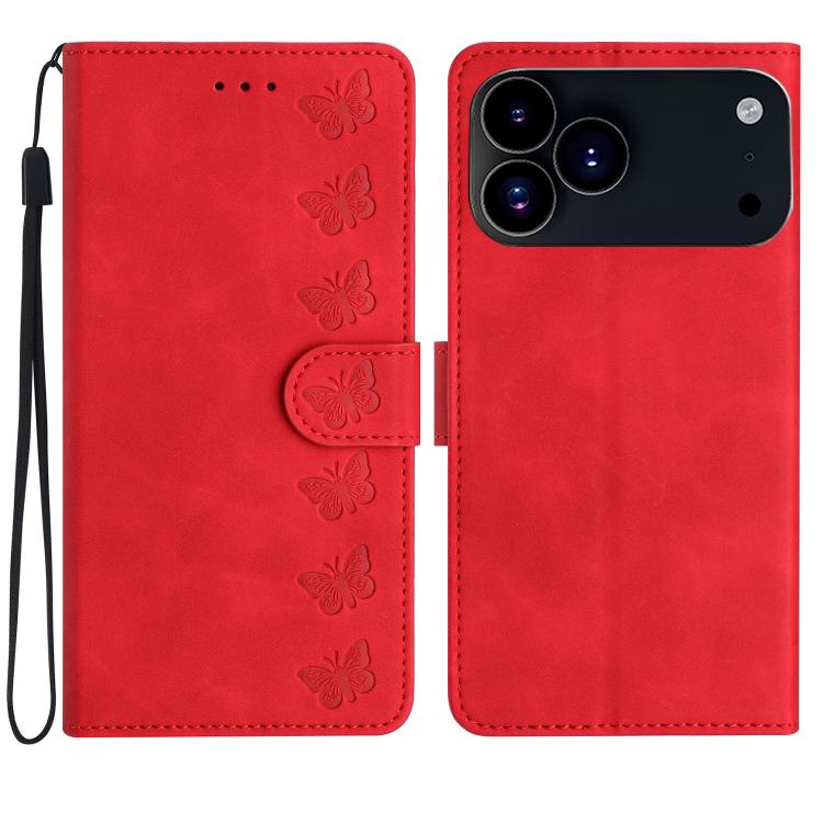 Handyhülle aus geprägtem Leder mit sieben Schmetterlingen, für iPhone 16e / 17e, für iPhone 17 Pro Max, für iPhone 17 Pro, für iPhone 17, für iPhone Air, für iPhone 16 Pro Max, für iPhone 16 Pro, für iPhone 16 Plus