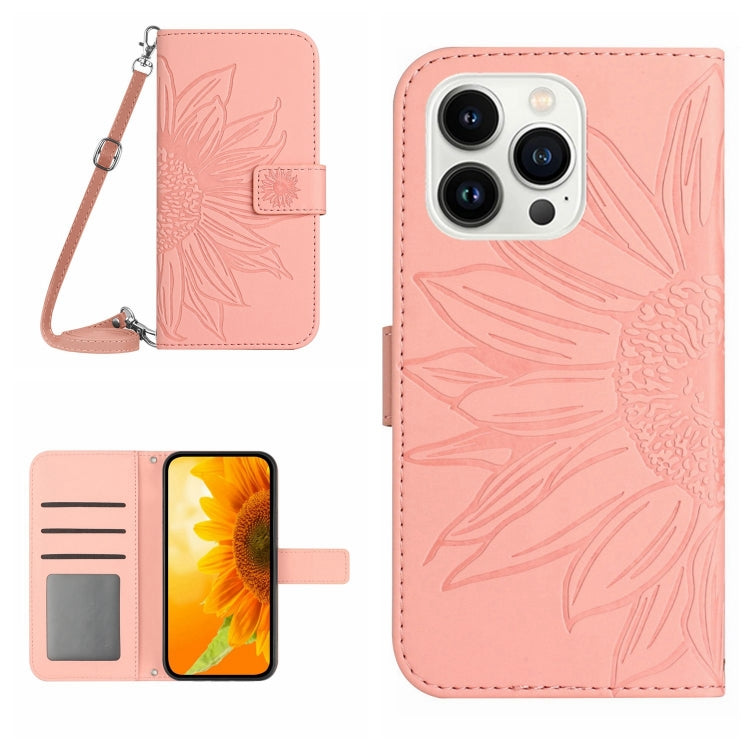 Skin Feel Sun Flower Embossed Flip Leather Phone Case with Lanyard, For iPhone Air, For iPhone 16 Pro Max, For iPhone 16 Pro, For iPhone 16 Plus