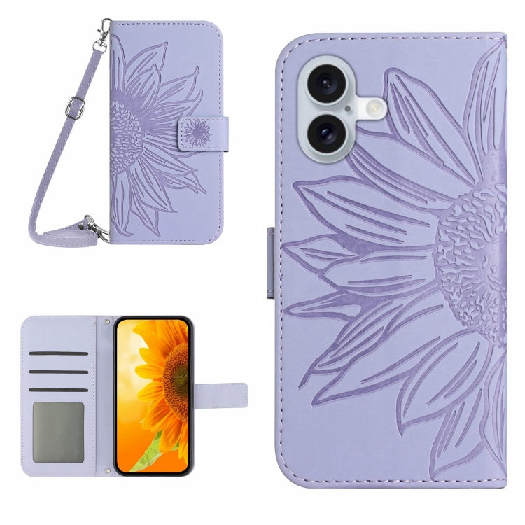 Skin Feel Sun Flower Embossed Flip Leather Phone Case with Lanyard, For iPhone Air, For iPhone 16 Pro Max, For iPhone 16 Pro, For iPhone 16 Plus