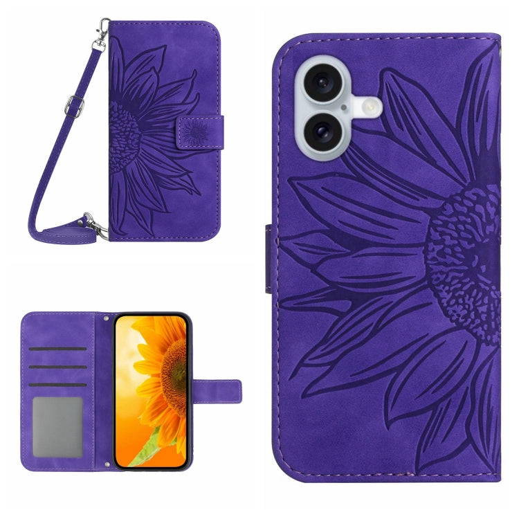 Skin Feel Sun Flower Embossed Flip Leather Phone Case with Lanyard, For iPhone Air, For iPhone 16 Pro Max, For iPhone 16 Pro, For iPhone 16 Plus