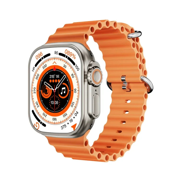 WS-E9 Ultra 2,2 Zoll IP67 wasserdichte Smartwatch mit Metallschnalle und Silikonarmband, unterstützt Herzfrequenzmessung und NFC, erhältlich in Schwarz, Orange und Blau.
