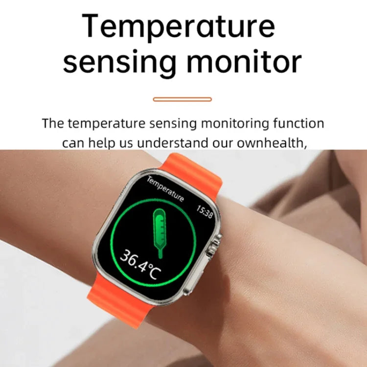 WS-E9 Ultra 2,2 Zoll IP67 wasserdichte Smartwatch mit Metallschnalle und Silikonarmband, unterstützt Herzfrequenzmessung und NFC, erhältlich in Schwarz, Orange und Blau.