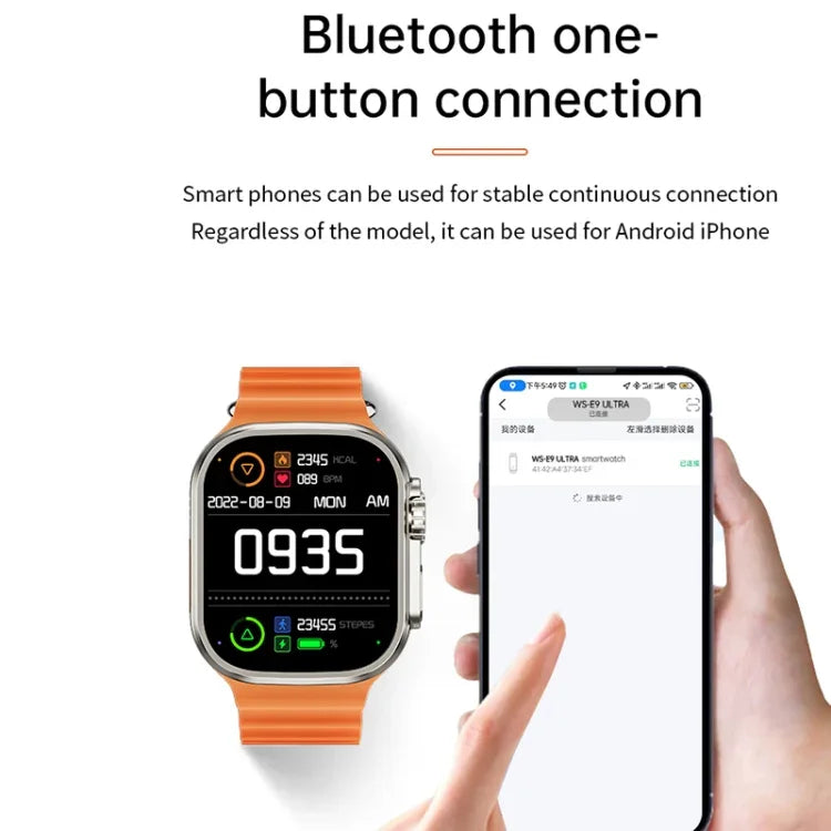 WS-E9 Ultra 2,2 Zoll IP67 wasserdichte Smartwatch mit Metallschnalle und Silikonarmband, unterstützt Herzfrequenzmessung und NFC, erhältlich in Schwarz, Orange und Blau.