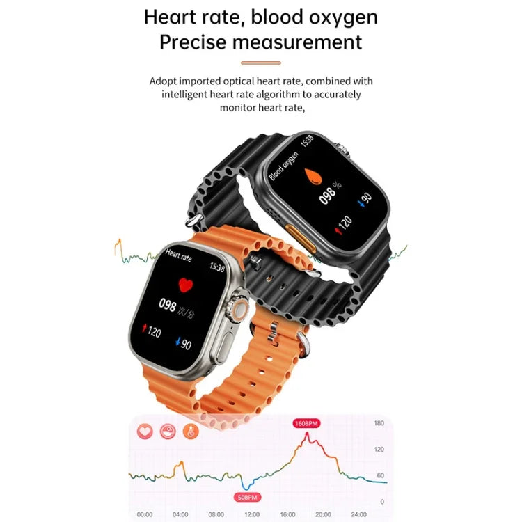 WS-E9 Ultra 2,2 Zoll IP67 wasserdichte Smartwatch mit Metallschnalle und Silikonarmband, unterstützt Herzfrequenzmessung und NFC, erhältlich in Schwarz, Orange und Blau.