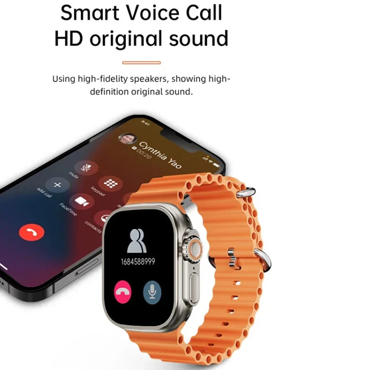 WS-E9 Ultra 2,2 Zoll IP67 wasserdichte Smartwatch mit Metallschnalle und Silikonarmband, unterstützt Herzfrequenzmessung und NFC, erhältlich in Schwarz, Orange und Blau.