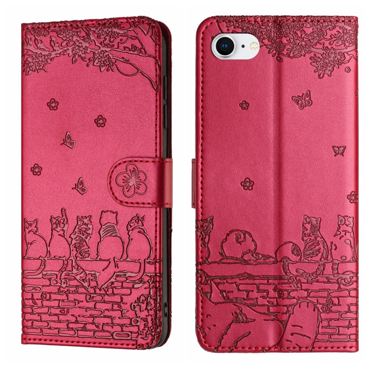 Handyhülle aus Leder mit Katzenprägemuster und Umhängeband, Für iPhone 16e / 17e, Für iPhone 17 Pro Max, Für iPhone 17 Pro, Für iPhone 17, Für iPhone Air, Für iPhone 16 Pro Max, Für iPhone 16 Pro, Für iPhone 16 Plus, Für iPhone 16