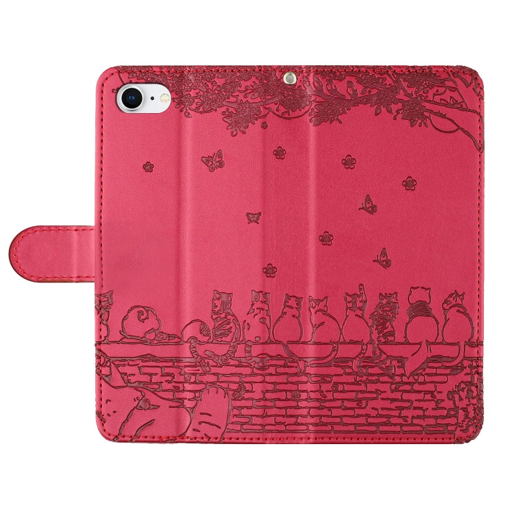 Handyhülle aus Leder mit Katzenprägemuster und Umhängeband, Für iPhone 16e / 17e, Für iPhone 17 Pro Max, Für iPhone 17 Pro, Für iPhone 17, Für iPhone Air, Für iPhone 16 Pro Max, Für iPhone 16 Pro, Für iPhone 16 Plus, Für iPhone 16