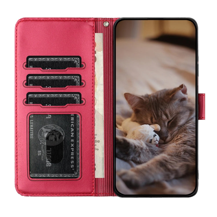 Handyhülle aus Leder mit Katzenprägemuster und Umhängeband, Für iPhone 16e / 17e, Für iPhone 17 Pro Max, Für iPhone 17 Pro, Für iPhone 17, Für iPhone Air, Für iPhone 16 Pro Max, Für iPhone 16 Pro, Für iPhone 16 Plus, Für iPhone 16