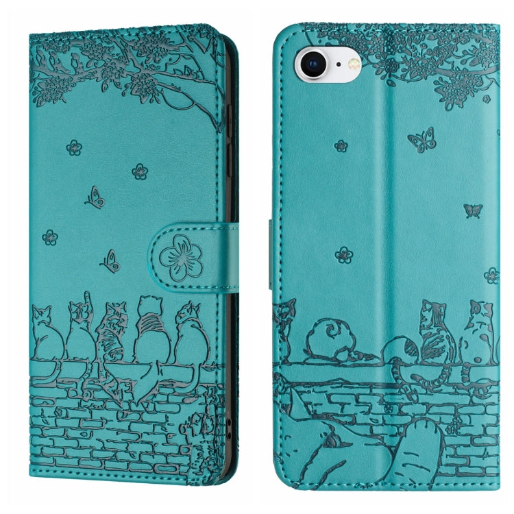 Handyhülle aus Leder mit Katzenprägemuster und Umhängeband, Für iPhone 16e / 17e, Für iPhone 17 Pro Max, Für iPhone 17 Pro, Für iPhone 17, Für iPhone Air, Für iPhone 16 Pro Max, Für iPhone 16 Pro, Für iPhone 16 Plus, Für iPhone 16