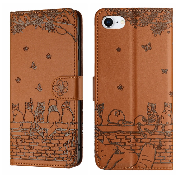 Handyhülle aus Leder mit Katzenprägemuster und Umhängeband, Für iPhone 16e / 17e, Für iPhone 17 Pro Max, Für iPhone 17 Pro, Für iPhone 17, Für iPhone Air, Für iPhone 16 Pro Max, Für iPhone 16 Pro, Für iPhone 16 Plus, Für iPhone 16