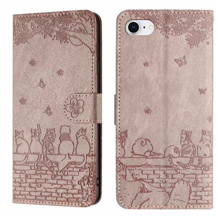 Handyhülle aus Leder mit Katzenprägemuster und Umhängeband, Für iPhone 16e / 17e, Für iPhone 17 Pro Max, Für iPhone 17 Pro, Für iPhone 17, Für iPhone Air, Für iPhone 16 Pro Max, Für iPhone 16 Pro, Für iPhone 16 Plus, Für iPhone 16