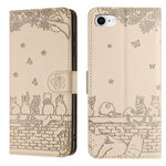 Handyhülle aus Leder mit Katzenprägemuster und Umhängeband, Für iPhone 16e / 17e, Für iPhone 17 Pro Max, Für iPhone 17 Pro, Für iPhone 17, Für iPhone Air, Für iPhone 16 Pro Max, Für iPhone 16 Pro, Für iPhone 16 Plus, Für iPhone 16