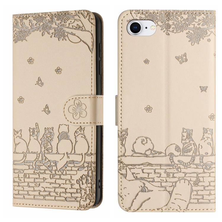 Handyhülle aus Leder mit Katzenprägemuster und Umhängeband, Für iPhone 16e / 17e, Für iPhone 17 Pro Max, Für iPhone 17 Pro, Für iPhone 17, Für iPhone Air, Für iPhone 16 Pro Max, Für iPhone 16 Pro, Für iPhone 16 Plus, Für iPhone 16