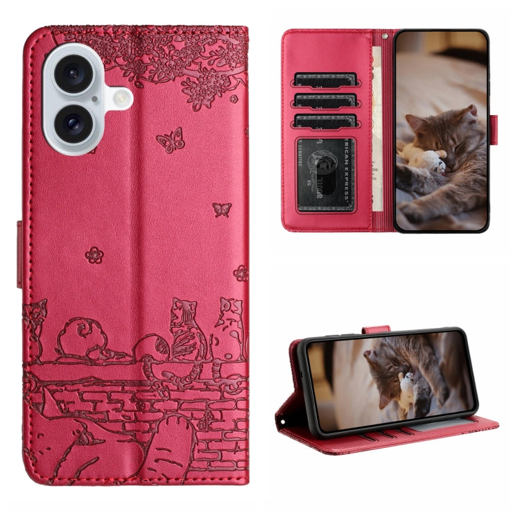 Handyhülle aus Leder mit Katzenprägemuster und Umhängeband, Für iPhone 16e / 17e, Für iPhone 17 Pro Max, Für iPhone 17 Pro, Für iPhone 17, Für iPhone Air, Für iPhone 16 Pro Max, Für iPhone 16 Pro, Für iPhone 16 Plus, Für iPhone 16
