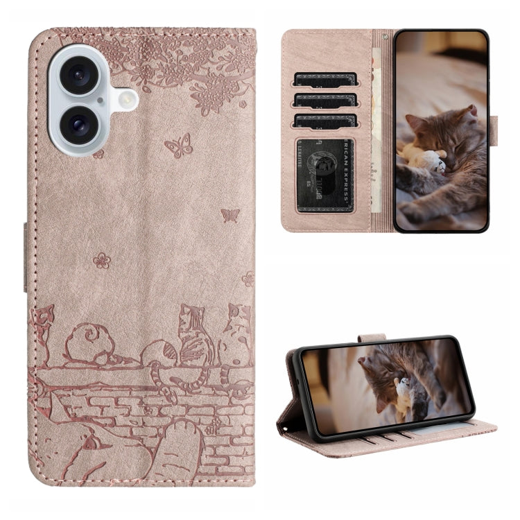 Handyhülle aus Leder mit Katzenprägemuster und Umhängeband, Für iPhone 16e / 17e, Für iPhone 17 Pro Max, Für iPhone 17 Pro, Für iPhone 17, Für iPhone Air, Für iPhone 16 Pro Max, Für iPhone 16 Pro, Für iPhone 16 Plus, Für iPhone 16