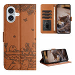 Handyhülle aus Leder mit Katzenprägemuster und Umhängeband, Für iPhone 16e / 17e, Für iPhone 17 Pro Max, Für iPhone 17 Pro, Für iPhone 17, Für iPhone Air, Für iPhone 16 Pro Max, Für iPhone 16 Pro, Für iPhone 16 Plus, Für iPhone 16