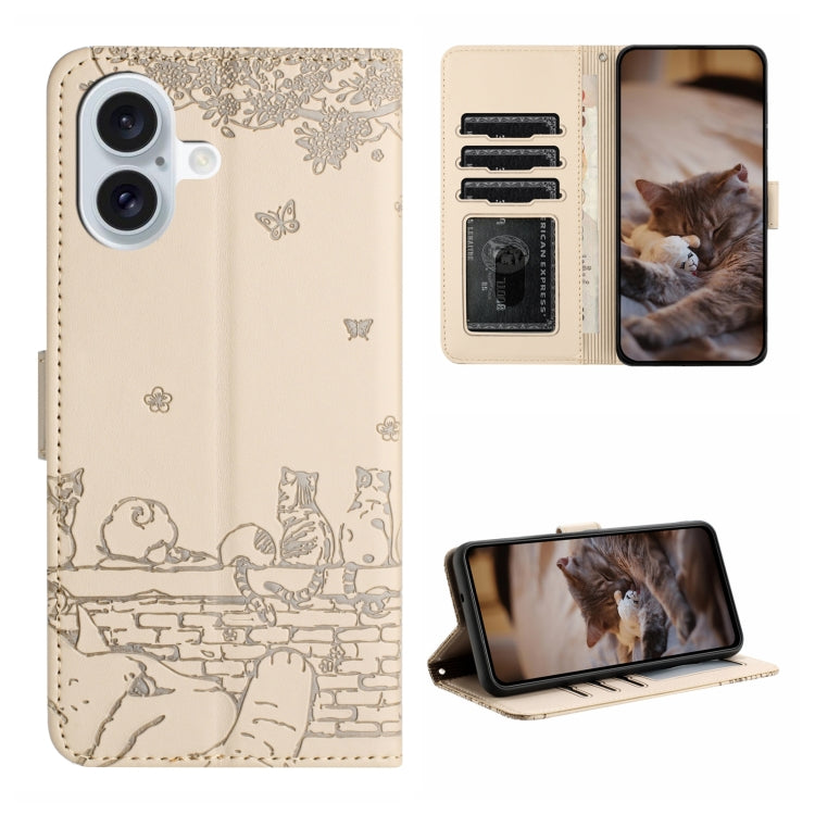 Handyhülle aus Leder mit Katzenprägemuster und Umhängeband, Für iPhone 16e / 17e, Für iPhone 17 Pro Max, Für iPhone 17 Pro, Für iPhone 17, Für iPhone Air, Für iPhone 16 Pro Max, Für iPhone 16 Pro, Für iPhone 16 Plus, Für iPhone 16