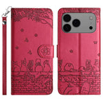 Handyhülle aus Leder mit Katzenprägemuster und Umhängeband, Für iPhone 16e / 17e, Für iPhone 17 Pro Max, Für iPhone 17 Pro, Für iPhone 17, Für iPhone Air, Für iPhone 16 Pro Max, Für iPhone 16 Pro, Für iPhone 16 Plus, Für iPhone 16
