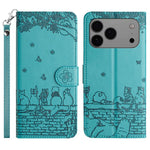 Handyhülle aus Leder mit Katzenprägemuster und Umhängeband, Für iPhone 16e / 17e, Für iPhone 17 Pro Max, Für iPhone 17 Pro, Für iPhone 17, Für iPhone Air, Für iPhone 16 Pro Max, Für iPhone 16 Pro, Für iPhone 16 Plus, Für iPhone 16