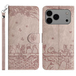 Handyhülle aus Leder mit Katzenprägemuster und Umhängeband, Für iPhone 16e / 17e, Für iPhone 17 Pro Max, Für iPhone 17 Pro, Für iPhone 17, Für iPhone Air, Für iPhone 16 Pro Max, Für iPhone 16 Pro, Für iPhone 16 Plus, Für iPhone 16