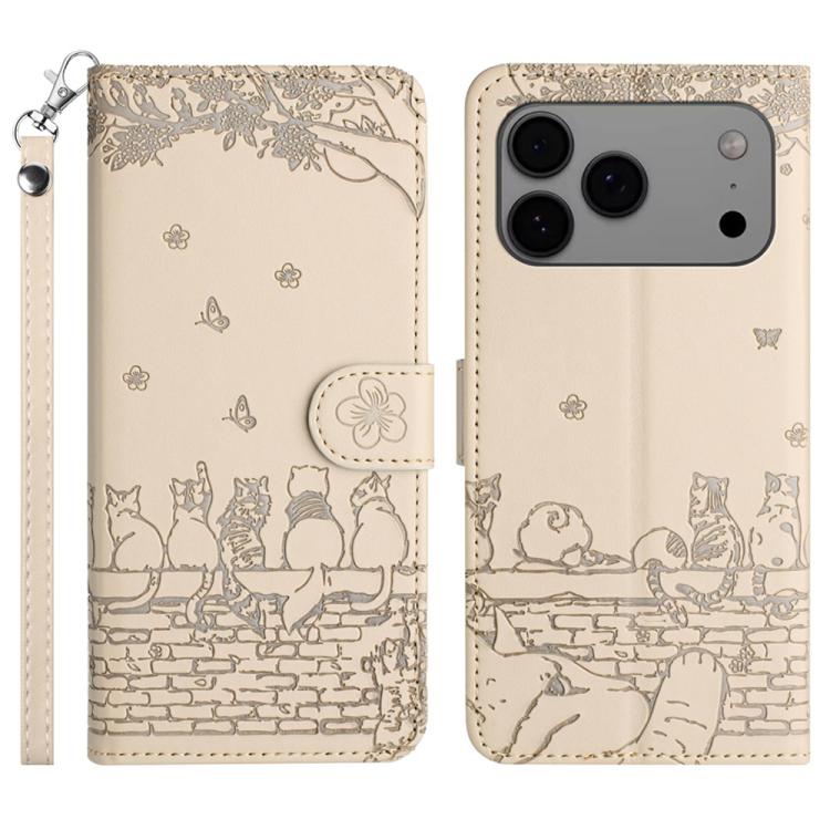 Handyhülle aus Leder mit Katzenprägemuster und Umhängeband, Für iPhone 16e / 17e, Für iPhone 17 Pro Max, Für iPhone 17 Pro, Für iPhone 17, Für iPhone Air, Für iPhone 16 Pro Max, Für iPhone 16 Pro, Für iPhone 16 Plus, Für iPhone 16
