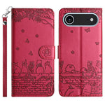 Handyhülle aus Leder mit Katzenprägemuster und Umhängeband, Für iPhone 16e / 17e, Für iPhone 17 Pro Max, Für iPhone 17 Pro, Für iPhone 17, Für iPhone Air, Für iPhone 16 Pro Max, Für iPhone 16 Pro, Für iPhone 16 Plus, Für iPhone 16