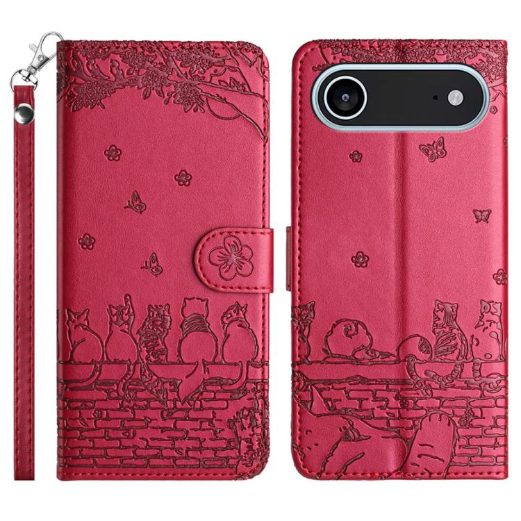 Handyhülle aus Leder mit Katzenprägemuster und Umhängeband, Für iPhone 16e / 17e, Für iPhone 17 Pro Max, Für iPhone 17 Pro, Für iPhone 17, Für iPhone Air, Für iPhone 16 Pro Max, Für iPhone 16 Pro, Für iPhone 16 Plus, Für iPhone 16