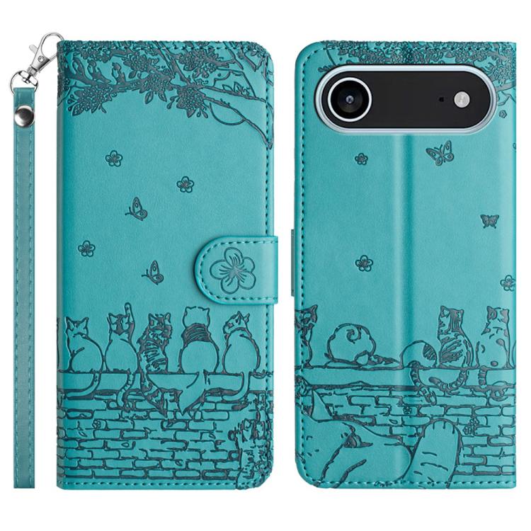 Handyhülle aus Leder mit Katzenprägemuster und Umhängeband, Für iPhone 16e / 17e, Für iPhone 17 Pro Max, Für iPhone 17 Pro, Für iPhone 17, Für iPhone Air, Für iPhone 16 Pro Max, Für iPhone 16 Pro, Für iPhone 16 Plus, Für iPhone 16