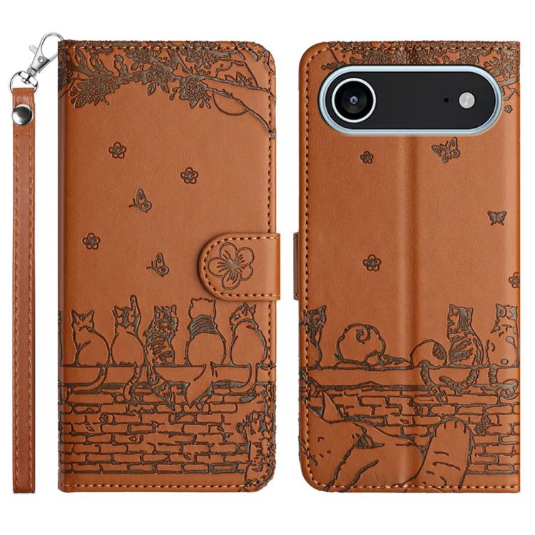 Handyhülle aus Leder mit Katzenprägemuster und Umhängeband, Für iPhone 16e / 17e, Für iPhone 17 Pro Max, Für iPhone 17 Pro, Für iPhone 17, Für iPhone Air, Für iPhone 16 Pro Max, Für iPhone 16 Pro, Für iPhone 16 Plus, Für iPhone 16