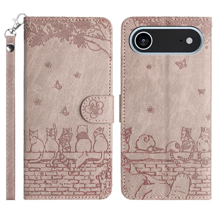 Handyhülle aus Leder mit Katzenprägemuster und Umhängeband, Für iPhone 16e / 17e, Für iPhone 17 Pro Max, Für iPhone 17 Pro, Für iPhone 17, Für iPhone Air, Für iPhone 16 Pro Max, Für iPhone 16 Pro, Für iPhone 16 Plus, Für iPhone 16