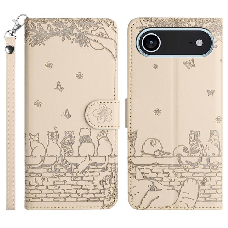 Handyhülle aus Leder mit Katzenprägemuster und Umhängeband, Für iPhone 16e / 17e, Für iPhone 17 Pro Max, Für iPhone 17 Pro, Für iPhone 17, Für iPhone Air, Für iPhone 16 Pro Max, Für iPhone 16 Pro, Für iPhone 16 Plus, Für iPhone 16