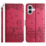 Handyhülle aus Leder mit Katzenprägemuster und Umhängeband, Für iPhone 16e / 17e, Für iPhone 17 Pro Max, Für iPhone 17 Pro, Für iPhone 17, Für iPhone Air, Für iPhone 16 Pro Max, Für iPhone 16 Pro, Für iPhone 16 Plus, Für iPhone 16
