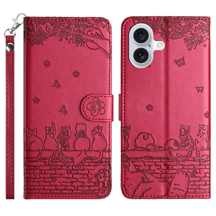 Handyhülle aus Leder mit Katzenprägemuster und Umhängeband, Für iPhone 16e / 17e, Für iPhone 17 Pro Max, Für iPhone 17 Pro, Für iPhone 17, Für iPhone Air, Für iPhone 16 Pro Max, Für iPhone 16 Pro, Für iPhone 16 Plus, Für iPhone 16