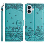 Handyhülle aus Leder mit Katzenprägemuster und Umhängeband, Für iPhone 16e / 17e, Für iPhone 17 Pro Max, Für iPhone 17 Pro, Für iPhone 17, Für iPhone Air, Für iPhone 16 Pro Max, Für iPhone 16 Pro, Für iPhone 16 Plus, Für iPhone 16