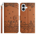 Handyhülle aus Leder mit Katzenprägemuster und Umhängeband, Für iPhone 16e / 17e, Für iPhone 17 Pro Max, Für iPhone 17 Pro, Für iPhone 17, Für iPhone Air, Für iPhone 16 Pro Max, Für iPhone 16 Pro, Für iPhone 16 Plus, Für iPhone 16