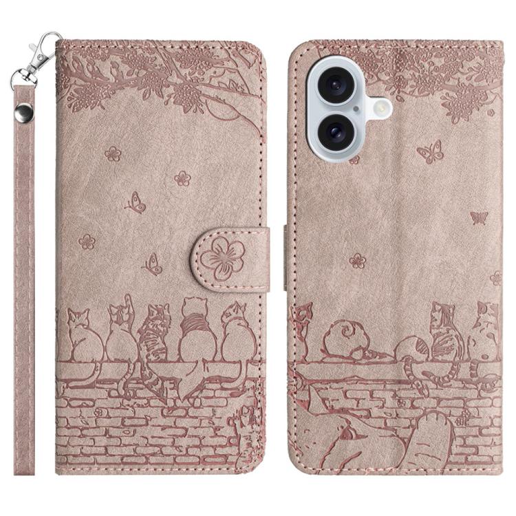 Handyhülle aus Leder mit Katzenprägemuster und Umhängeband, Für iPhone 16e / 17e, Für iPhone 17 Pro Max, Für iPhone 17 Pro, Für iPhone 17, Für iPhone Air, Für iPhone 16 Pro Max, Für iPhone 16 Pro, Für iPhone 16 Plus, Für iPhone 16