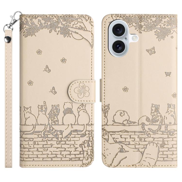 Handyhülle aus Leder mit Katzenprägemuster und Umhängeband, Für iPhone 16e / 17e, Für iPhone 17 Pro Max, Für iPhone 17 Pro, Für iPhone 17, Für iPhone Air, Für iPhone 16 Pro Max, Für iPhone 16 Pro, Für iPhone 16 Plus, Für iPhone 16