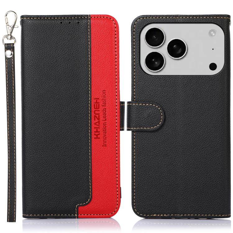 KHAZNEH Litschi-Textur-Leder-RFID-Handyhülle, für iPhone 16e / 17e, für iPhone 17 Pro Max, für iPhone 17 Pro, für iPhone 17, für iPhone Air, für iPhone 16 Pro Max, für iPhone 16 Pro, für iPhone 16 Plus, für iPhone 16, für iPhone 15 Pro Max