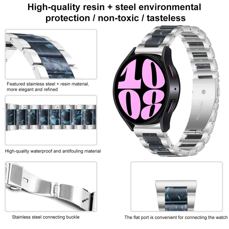 Dreireihiges Uhrenarmband aus Kunstharz und Metall, passend für Samsung Galaxy Watch 6 / 6 Classic