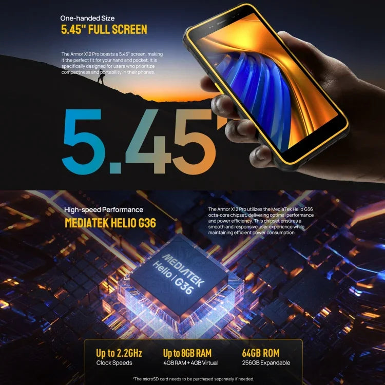 Ulefone Armor X12 Pro, robustes Smartphone (IP68/IP69K), 5,45 Zoll, Android 15, MediaTek Helio G36 Octa-Core-Prozessor, Netzwerk: 4G, NFC, 4 GB + 64 GB